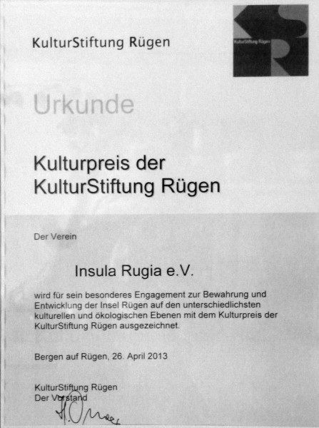 Urkunde Kulturpreis der KulturStiftung Rügen