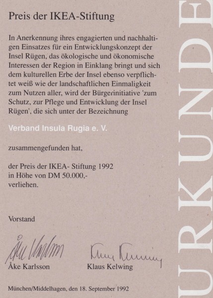 Verleihungsurkunde Preis der IKEA-Stiftung